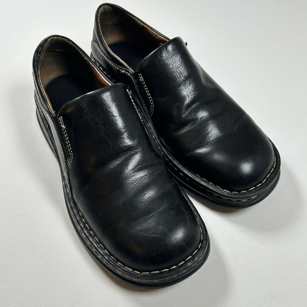Born Womens Black Leather Round Toe Slip On Clog Shoes Size US 9 EU 40.5 #W3934